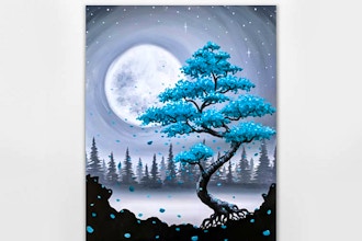 Paint Nite: Teal Bonsai Among the Misty Pines